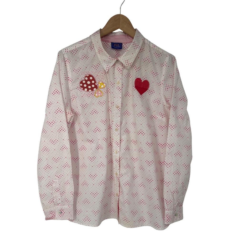 Le Tigre Womens Pink Embroidered Heart Button Up Top L Geometric Cotton Novelty